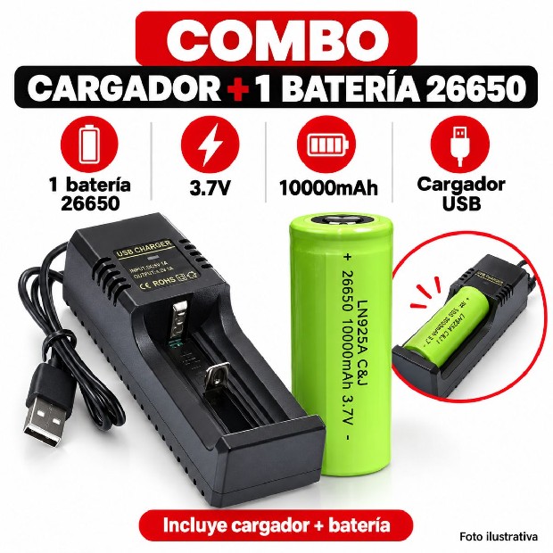 &uk CARGADOR SIMPLE + BATERIA 26650 VERDE PREMIUN (925a+604)